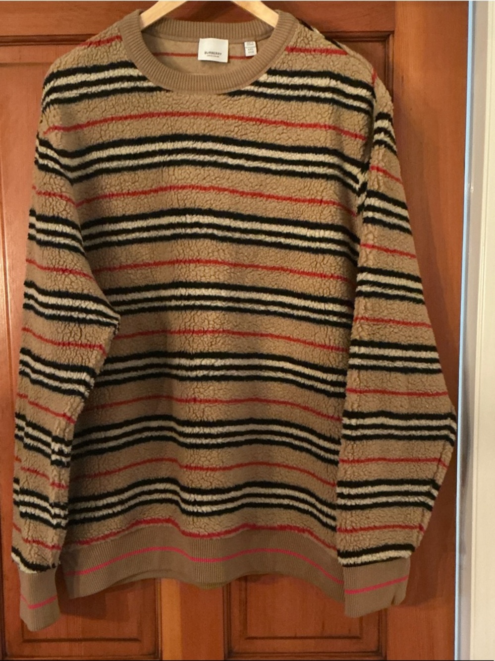 Burberry Tan Striped Sherpa Crewneck Sweater